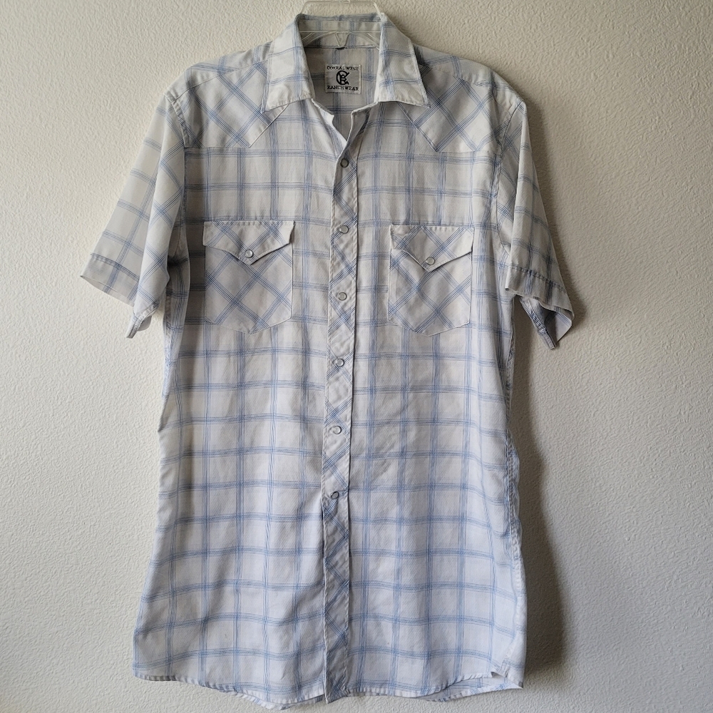 Corral West Ranchwear Pearl Snap Short Sleeve Striped Shirt Blue White Plaid